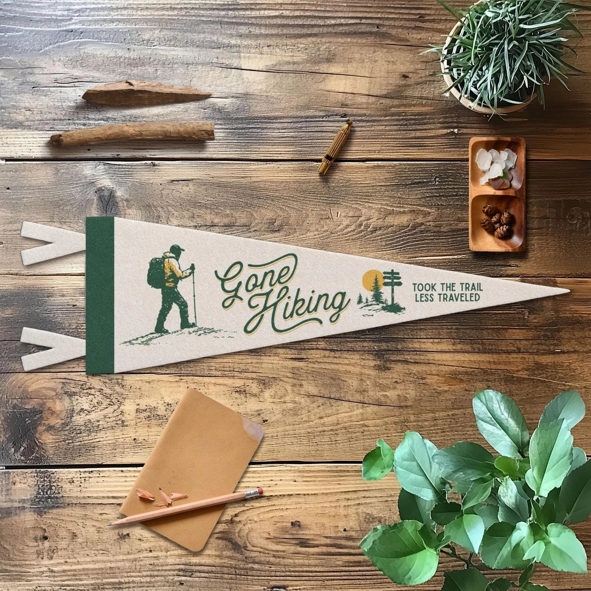 Benoit’s Gone Hiking Felt Pennant 8x28.5”—vintage wall décor, perfect gift for hiking lovers and outdoor enthusiasts.