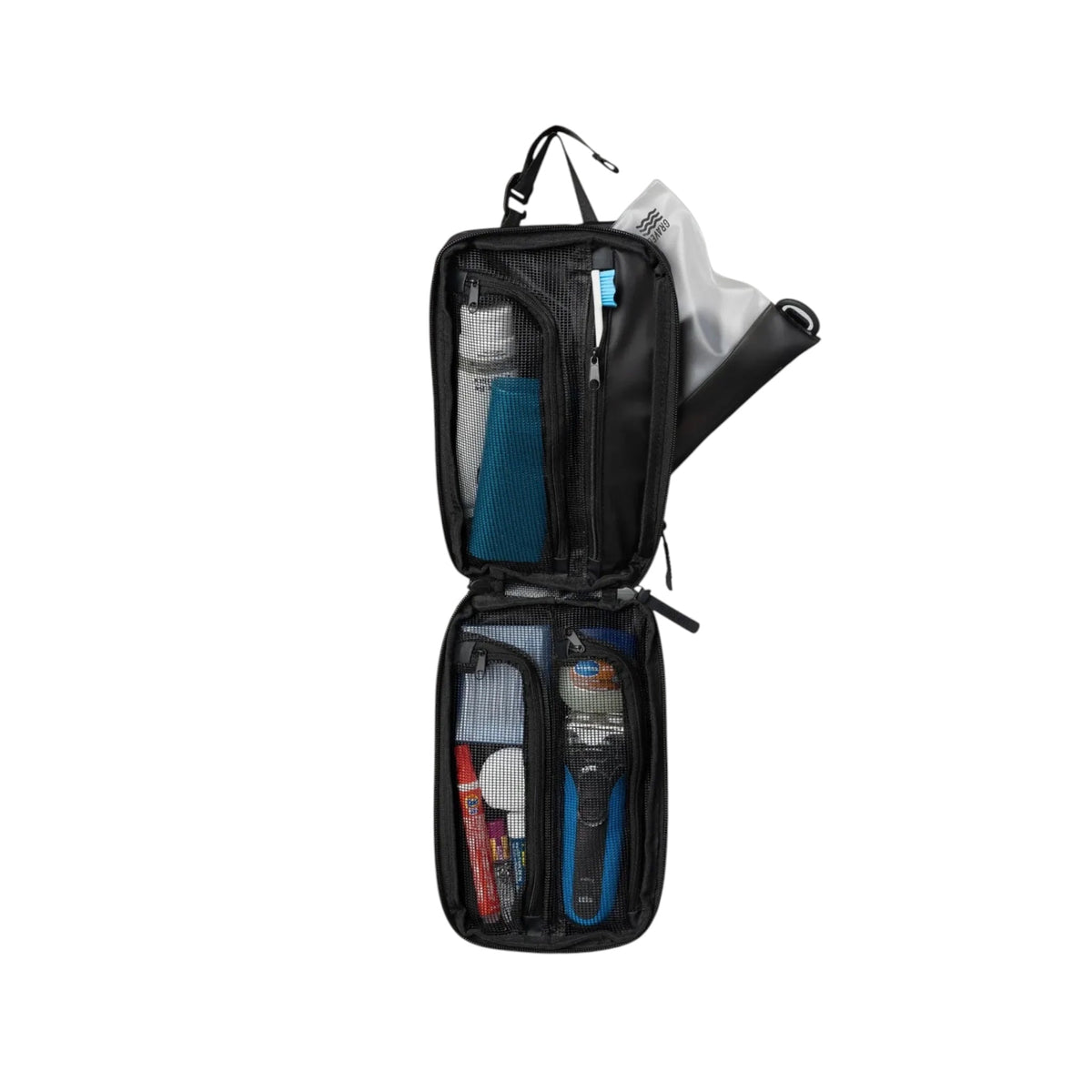 Forager Provisions LTD Gravel Outdoor Explorer Plus black toiletry bag hanging open with organized travel accessories