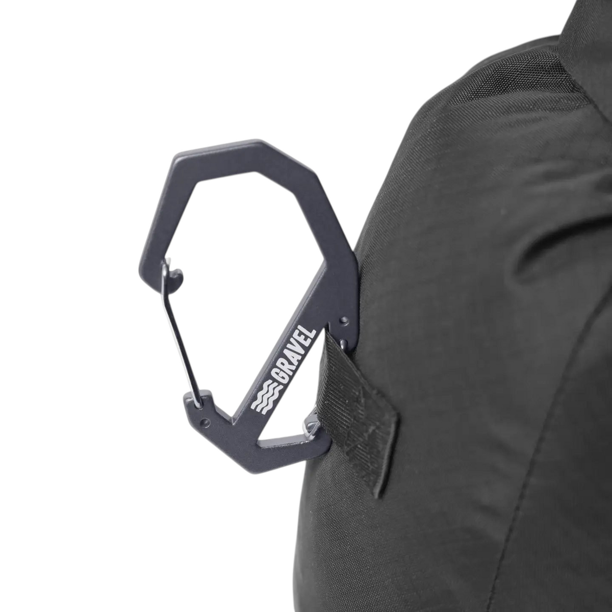 Forager Provisions LTD Gravel grey aluminum double gated carabiner attached to a black gear bag loop