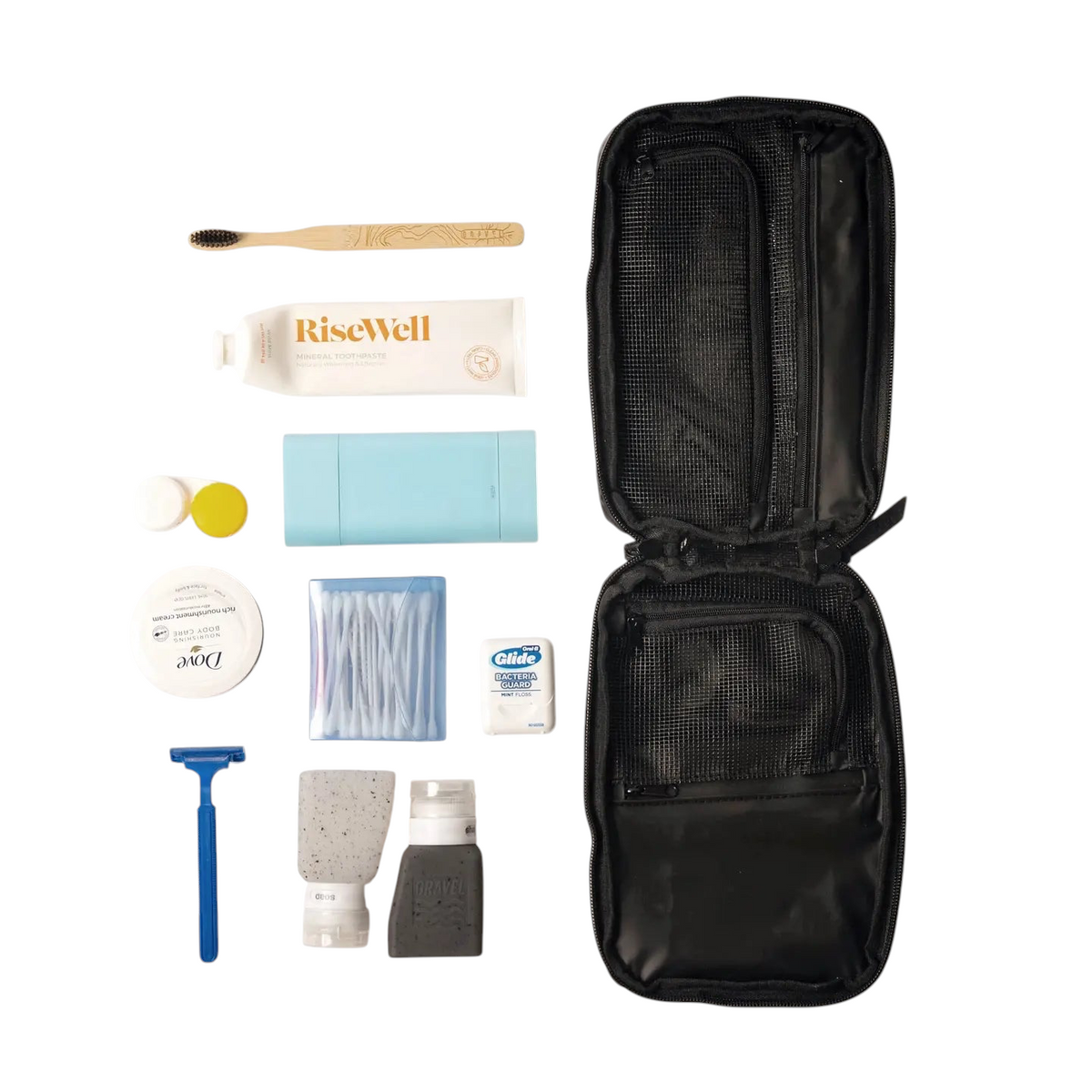 Forager Provisions LTD Gravel Outdoor black slim washbag open with organised travel toiletries and grooming tools