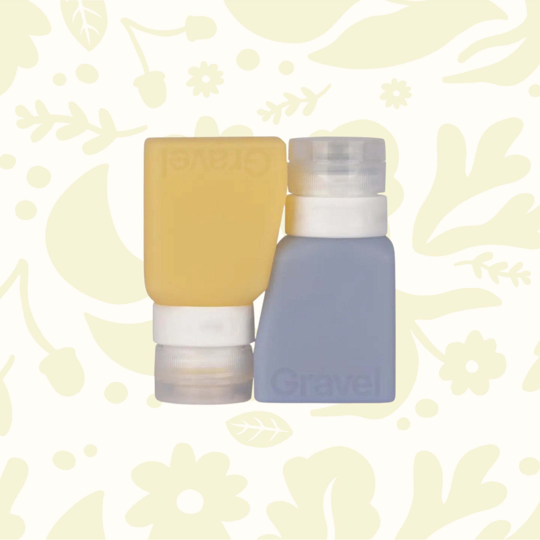 Forager Provisions LTD Gravel Outdoors 3oz refillable travel bottles in honey and glacier colours for toiletries.
