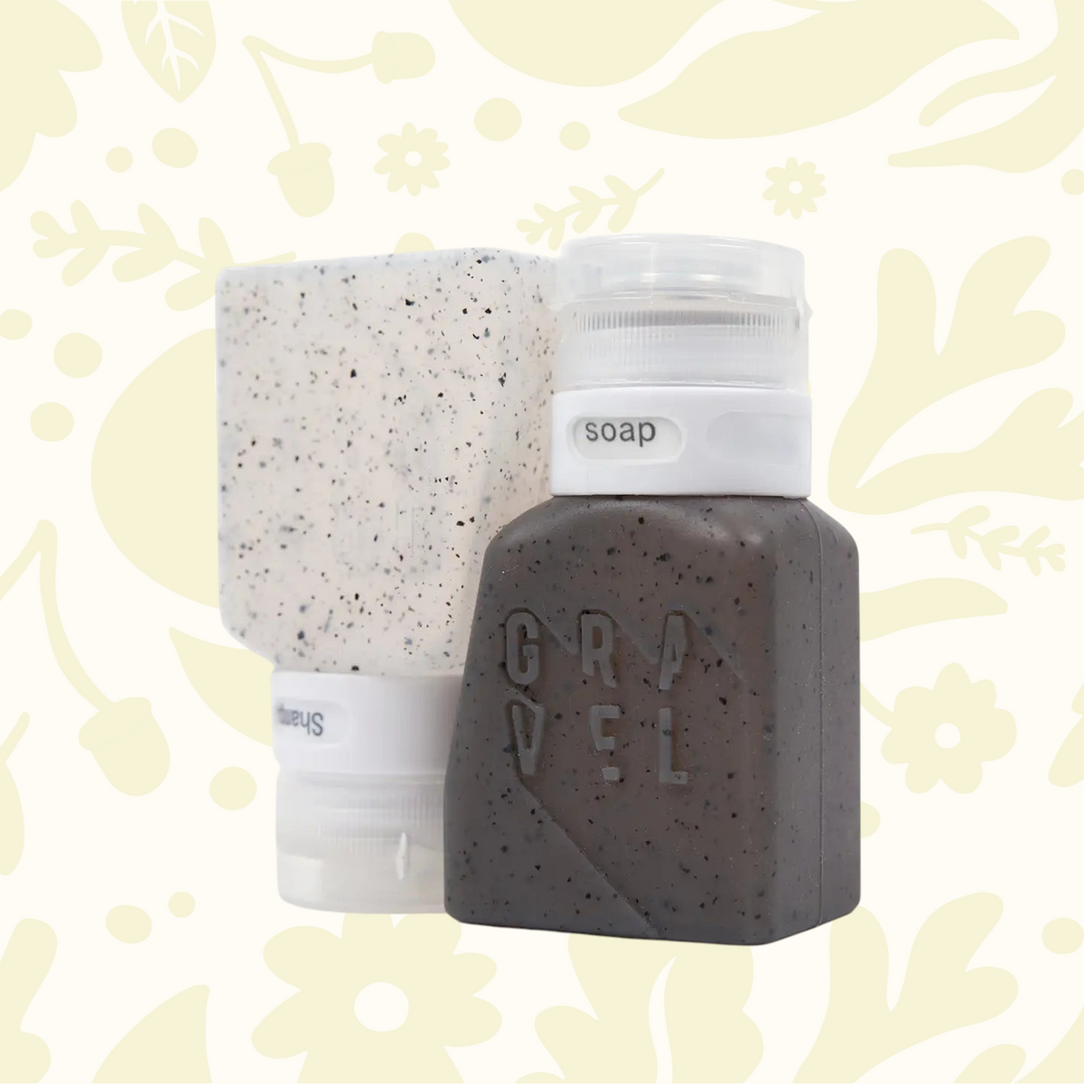Forager Provisions LTD Gravel travel bottles in grey and speckled clear, 3oz leak-proof containers for toiletries.