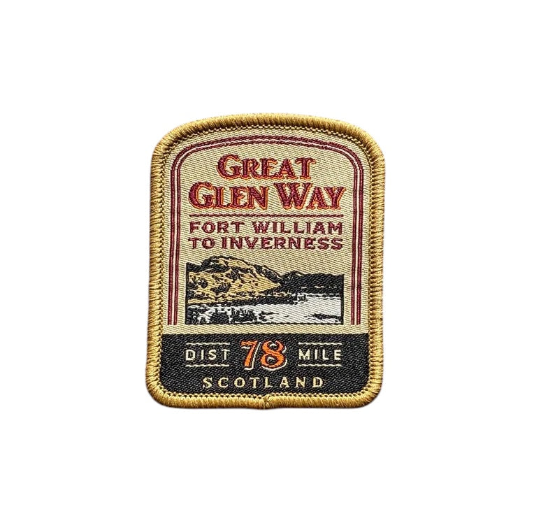 Forager Provisions LTD Great Glen Way embroidered patch featuring Scottish Highlands landscape on wooden background.