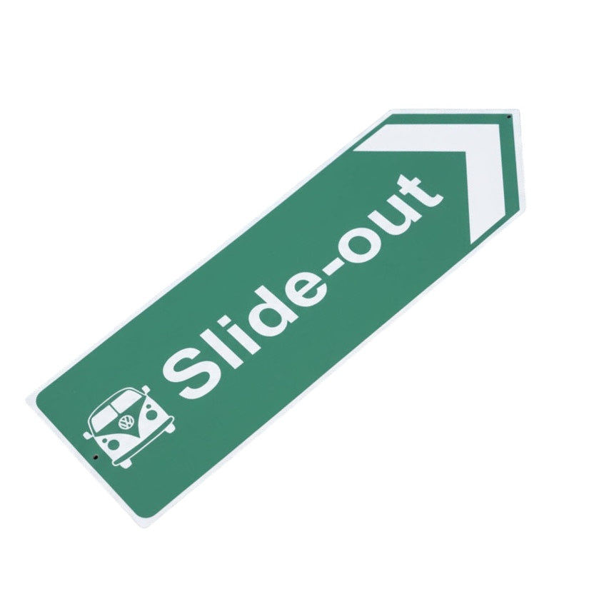 Forager Provisions green aluminium campervan directional arrow sign, 45×15cm, slide-out feature; durable and travel-ready.