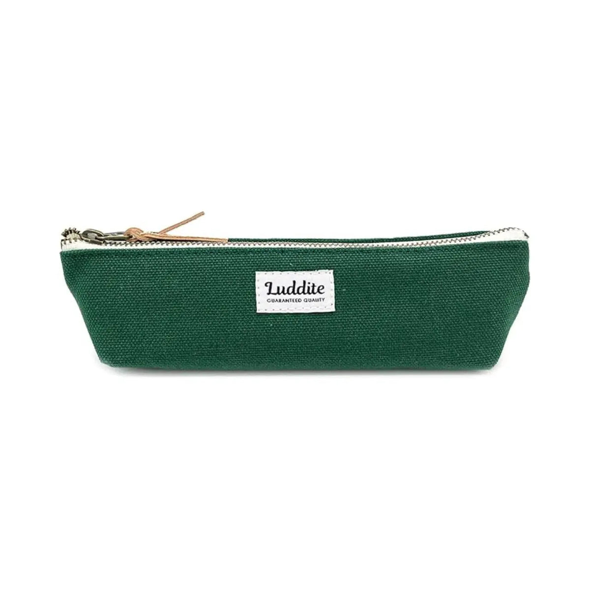 Forager Provisions LTD Luddite green Kurashiki canvas and Okayama denim boat-shaped pen case with a zipper pull.