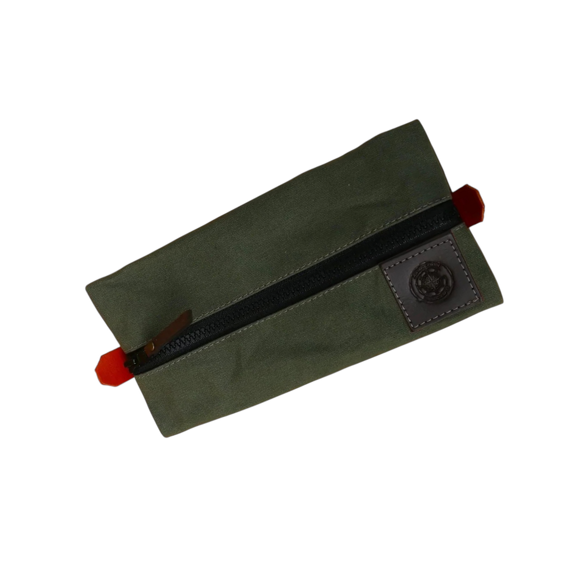 Forager Provisions LTD Journeyman Craft green cotton canvas pencil case with a black zip and leather logo patch.