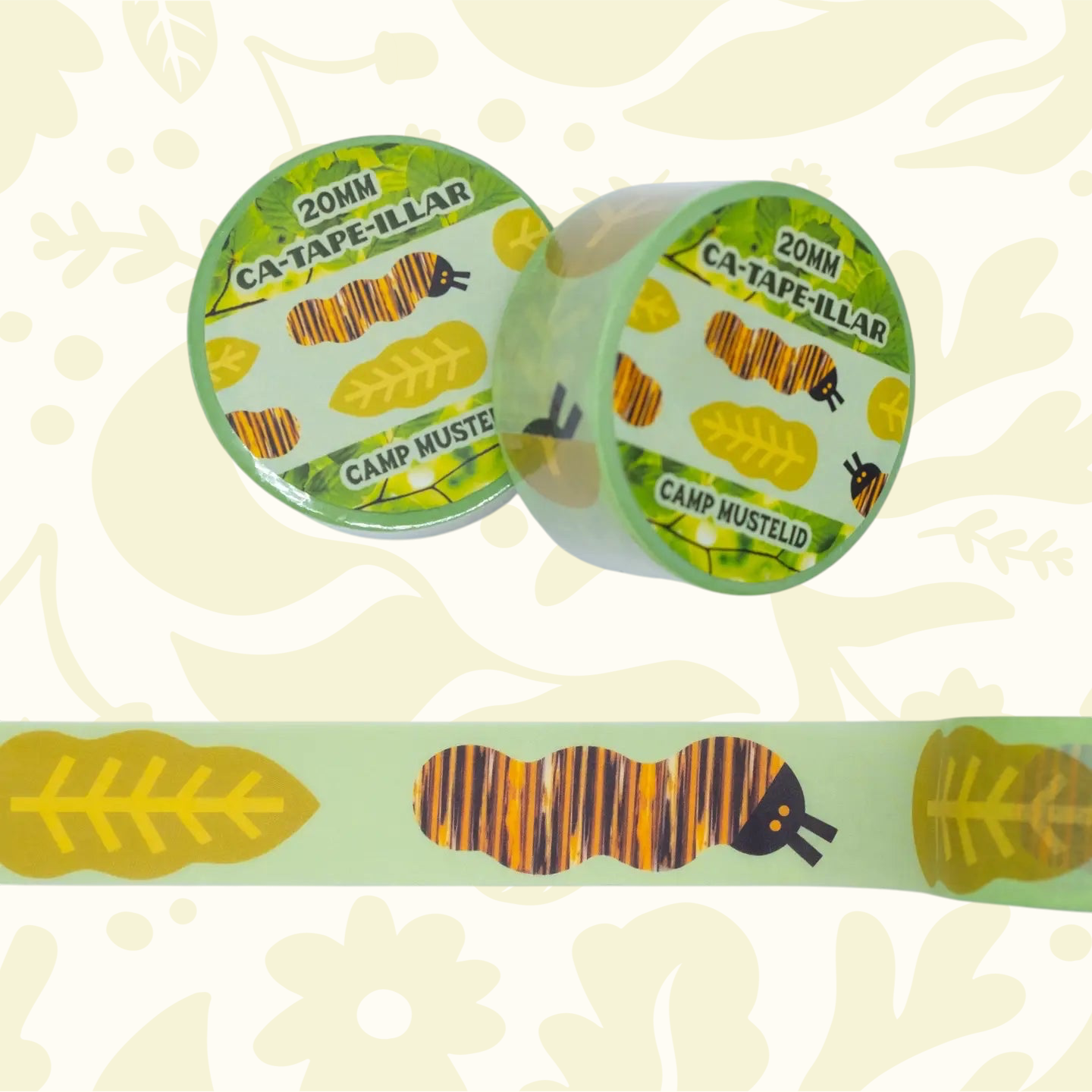 Forager Provisions LTD Camp Mustelid green washi tape featuring a cute caterpillar and leaf pattern on paper rolls.