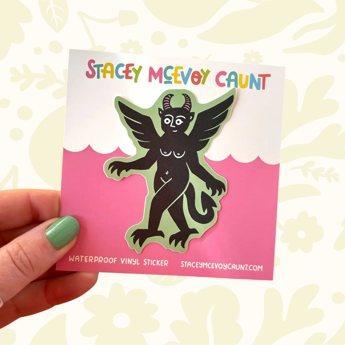 Forager Provisions LTD Stacey McEvoy Caunt green devil vinyl sticker with medieval manuscript style design
