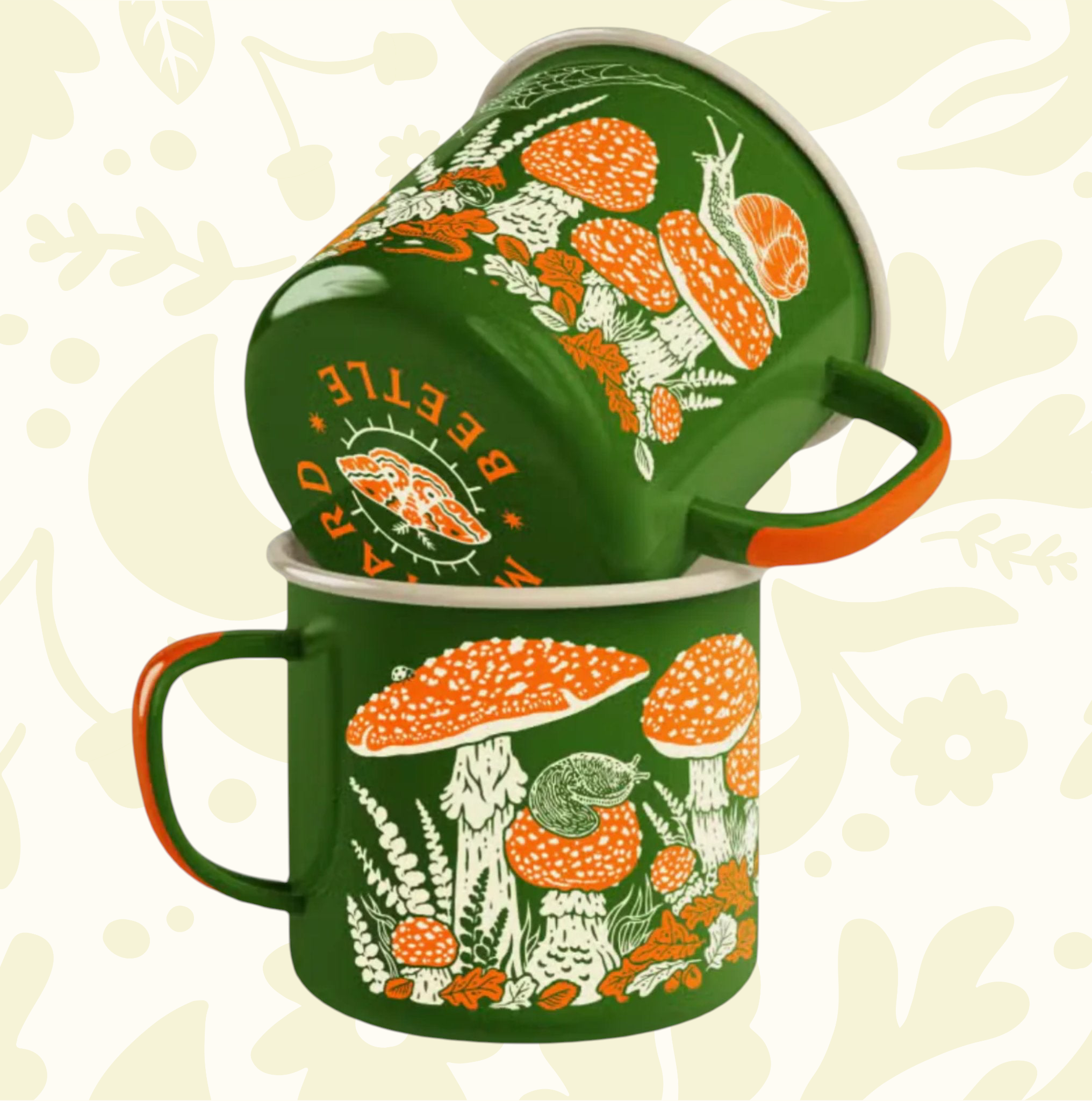 Forager Provisions LTD green enamel camp mug featuring a whimsical toad, snail, and mushroom woodland illustration.