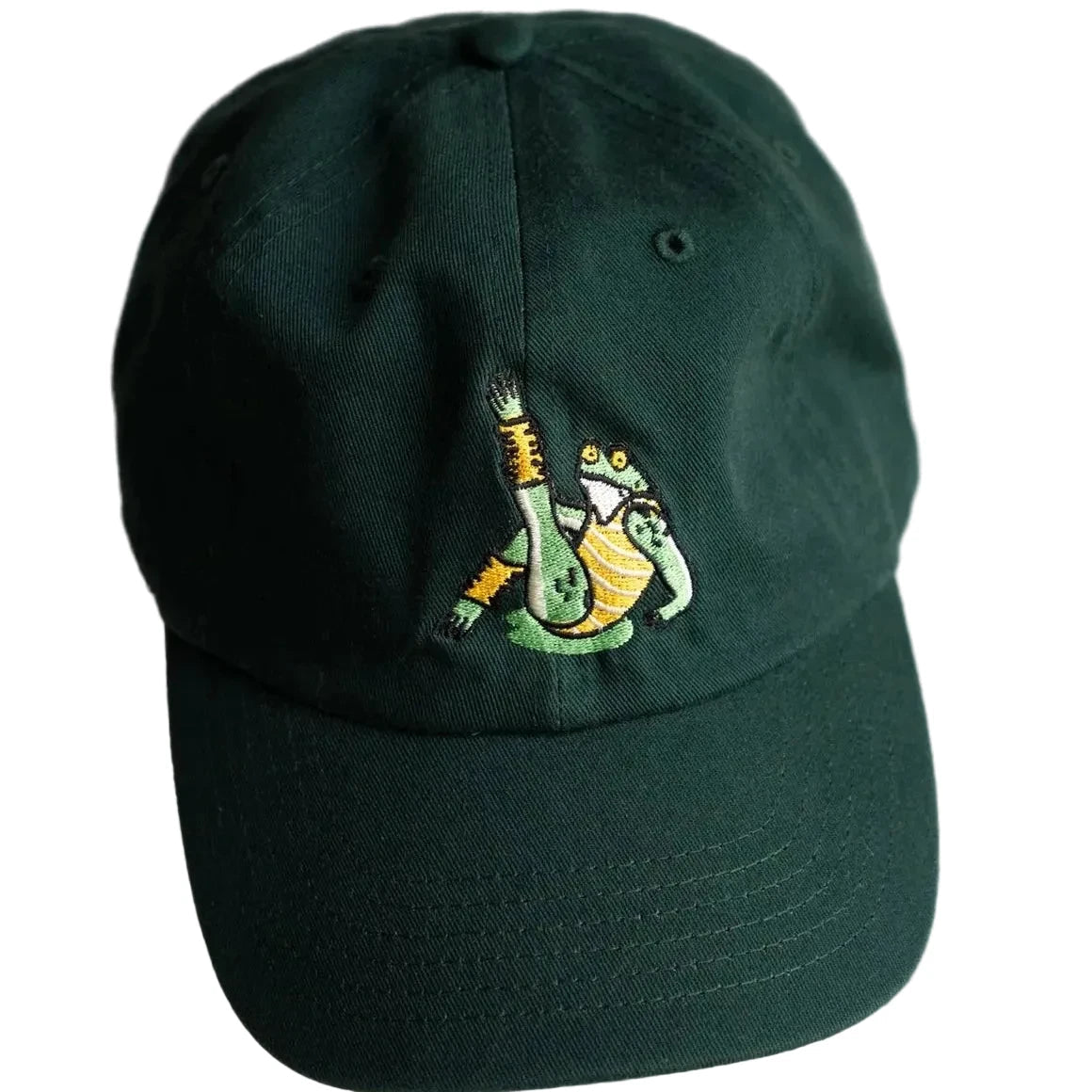Forager Provisions LTD green cotton dad hat featuring an embroidered frog character on the front panel
