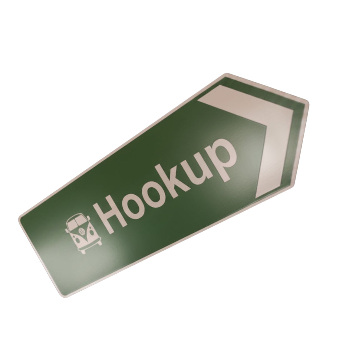 Forager Provisions green aluminum campervan sign, 45x15cm, with van icon, hookup and arrow; perfect RV camping signage.