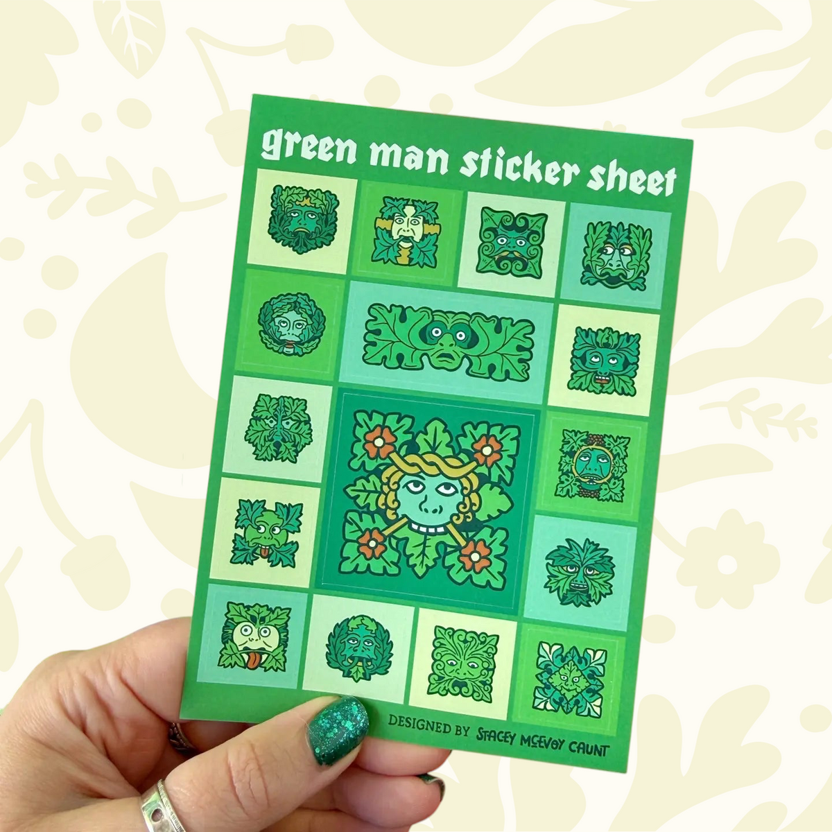 Forager Provisions LTD Green Man A6 vinyl sticker sheet featuring various leafy forest spirit illustrations in green