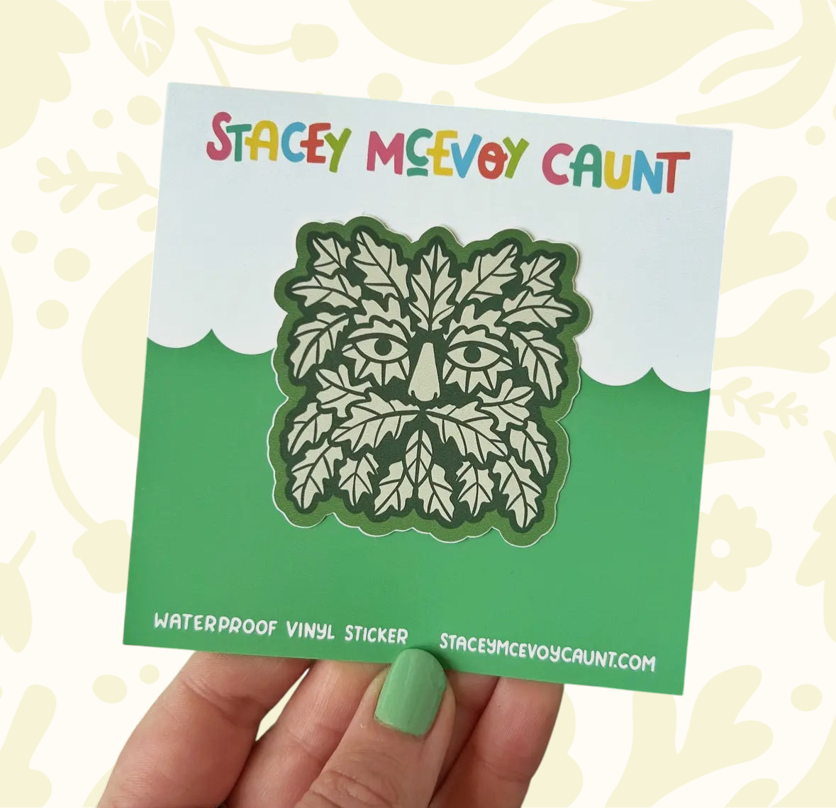 Forager Provisions LTD Stacey McEvoy Caunt Green Man vinyl sticker with intricate leaf design on a display card