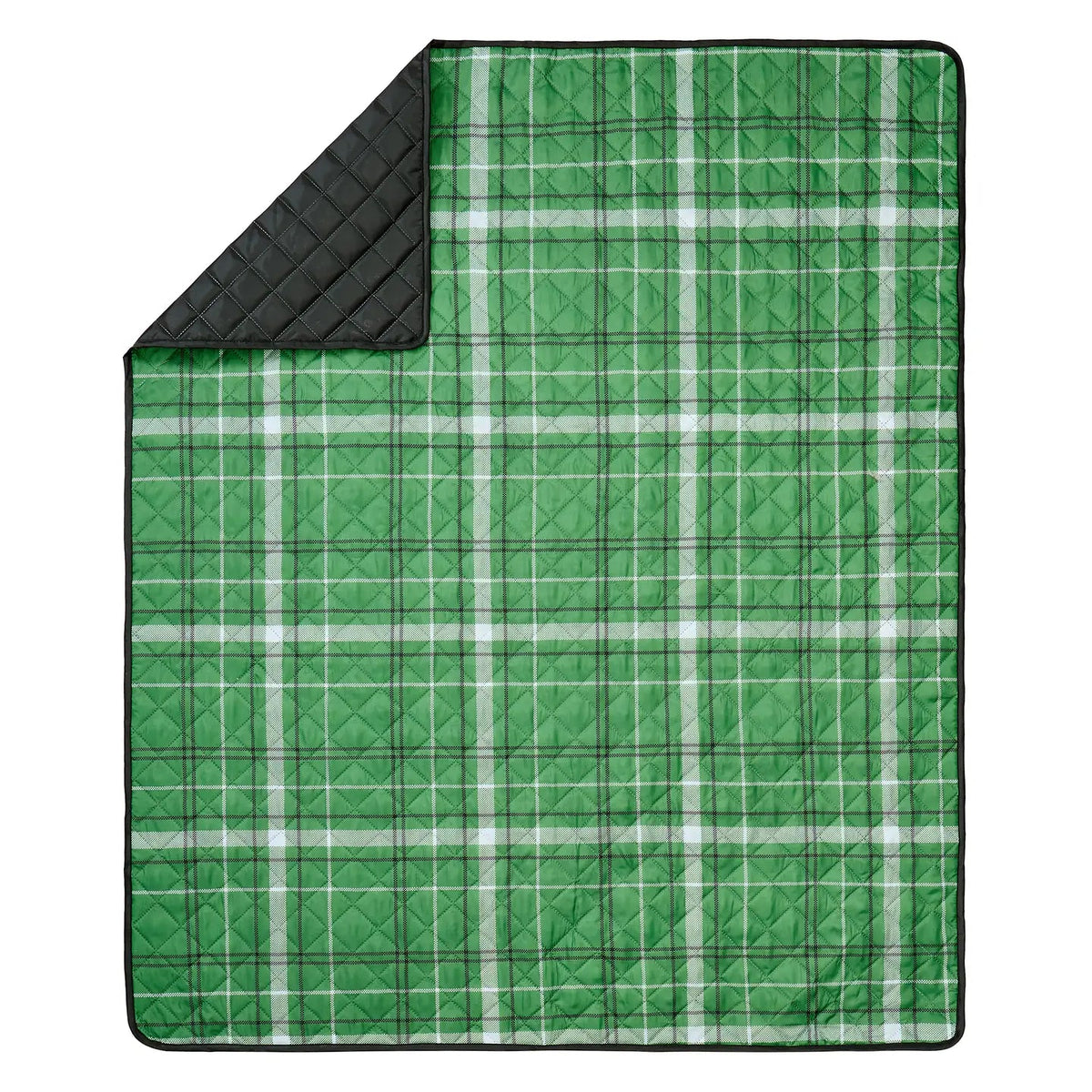 Forager Provisions LTD Camp Wandawega x Peking Handicraft green plaid outdoor picnic blanket with black quilted backing.