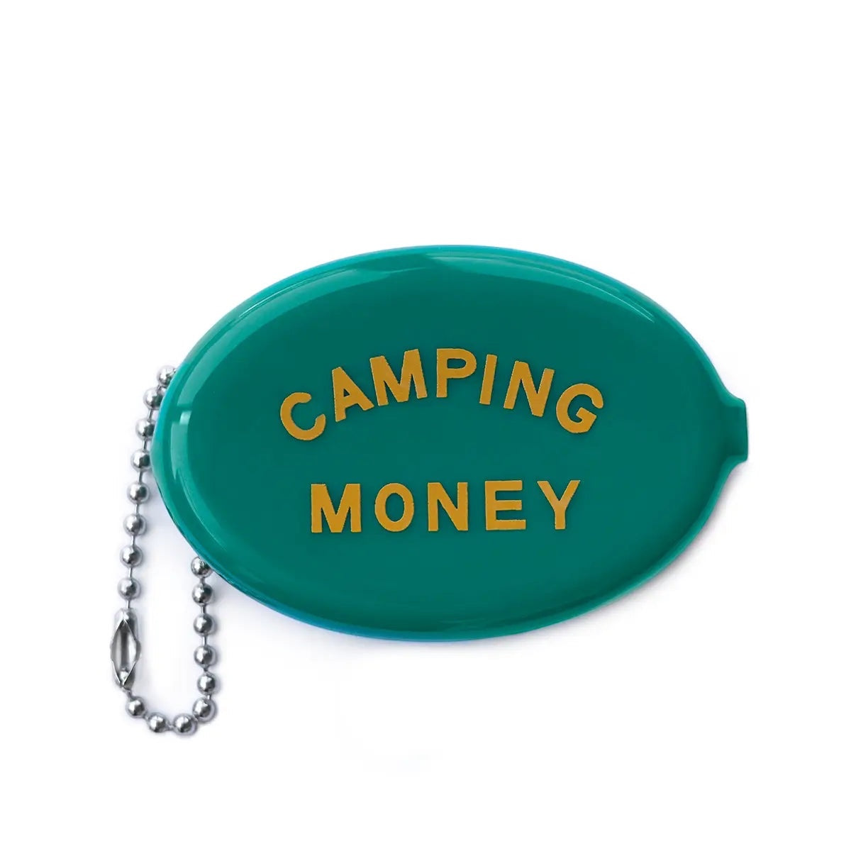 Forager Provisions LTD Three Potato Four green rubber coin pouch with Camping Money text and a ball chain keychain.