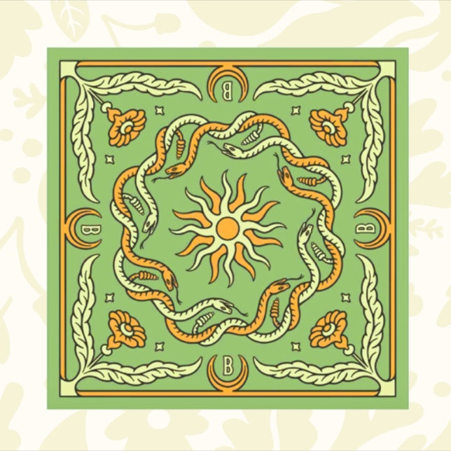 Forager Provisions LTD Snakes green bandana featuring a central sun, intertwined snakes, and floral border design.