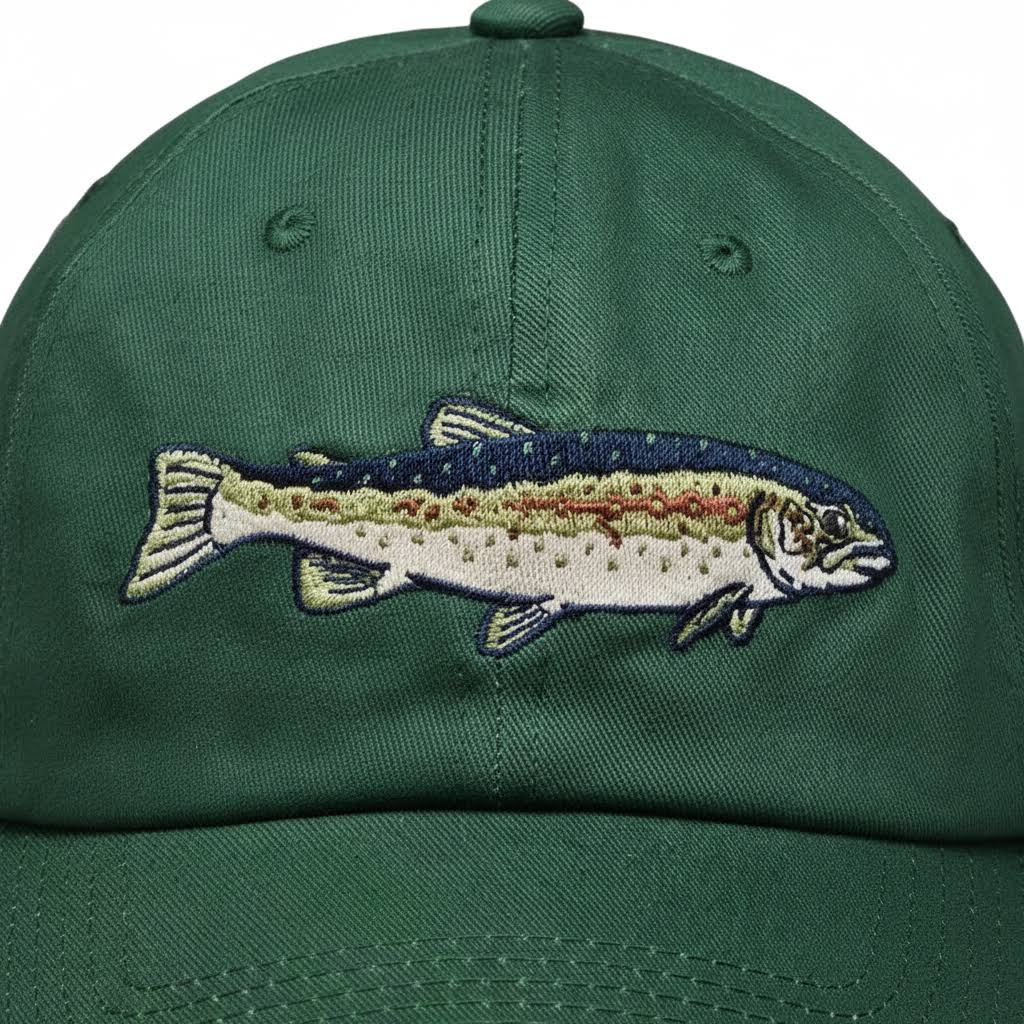 Forager Provisions LTD Mustard Beetle ball cap in dark green featuring an embroidered steelhead trout design