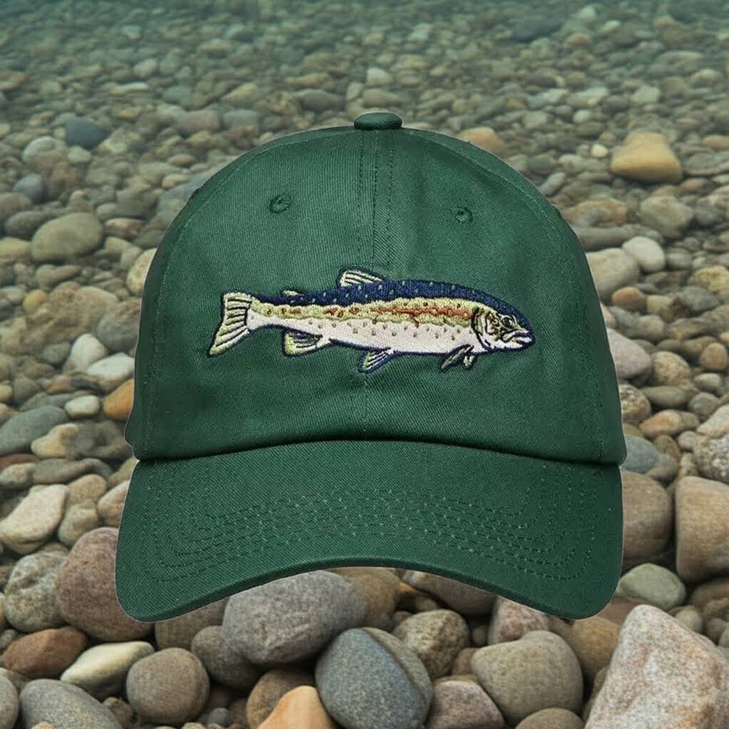 Forager Provisions LTD green ball cap featuring an embroidered steelhead trout design for CalTrout conservation.
