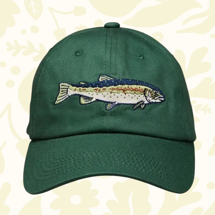 Forager Provisions LTD Mustard Beetle ball cap in forest green with an embroidered steelhead trout design
