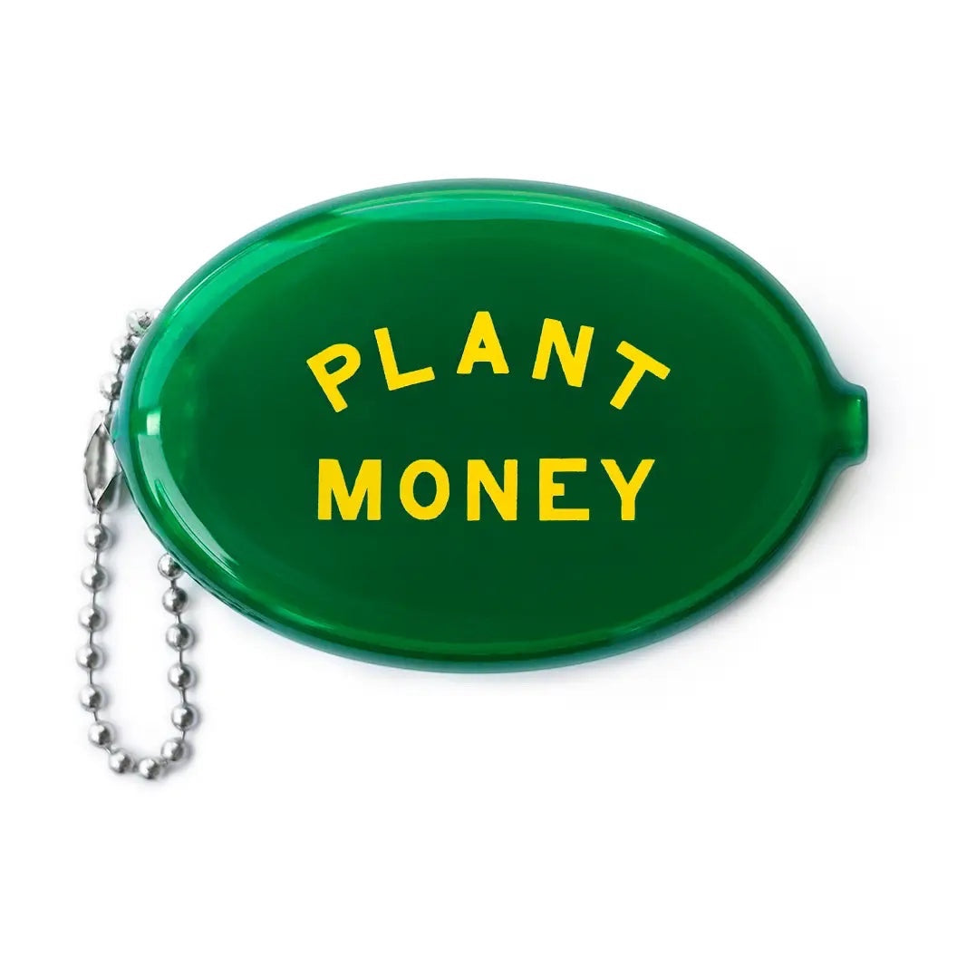 Forager Provisions LTD Three Potato Four translucent green vinyl coin pouch with yellow Plant Money text and keychain