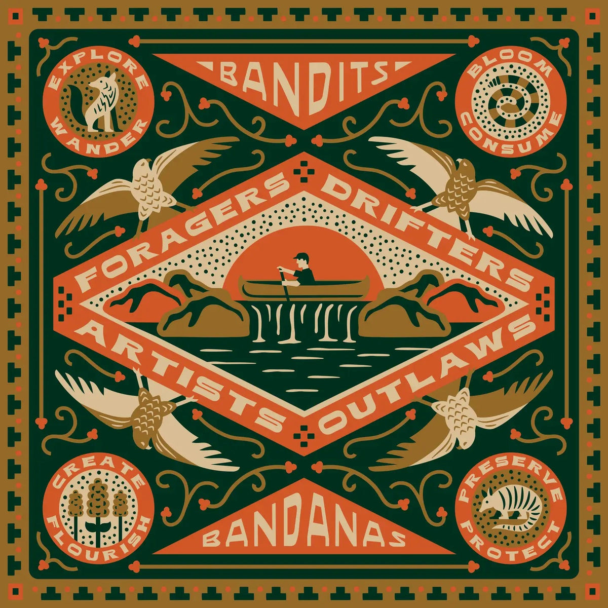 Forager Provisions LTD Bandits Bandanas Greenbelt Foragers organic cotton scarf with botanical and nature illustrations