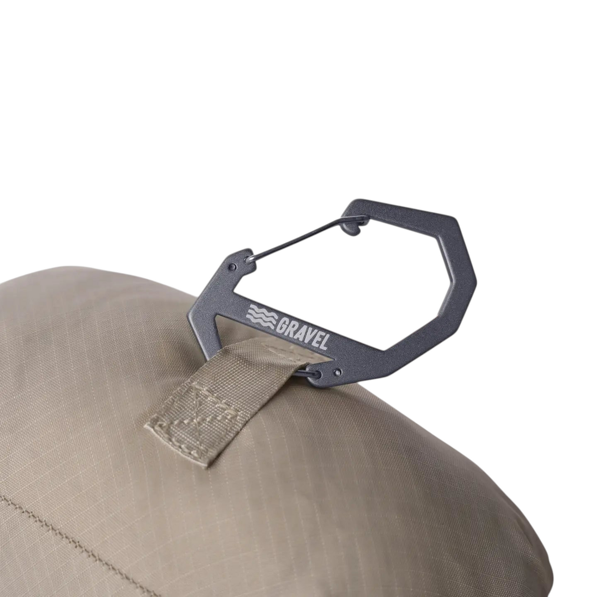 Forager Provisions LTD grey aluminum double gated carabiner attached to a tan fabric gear loop