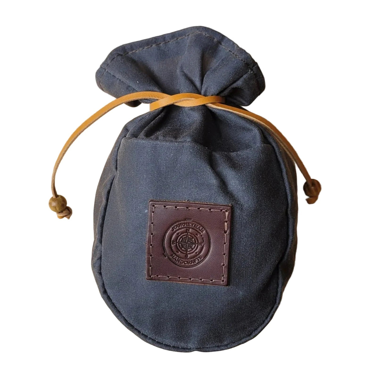 Forager Provisions LTD Journeyman Handcraft grey waxed canvas coffee pouch with a leather drawstring and logo patch.