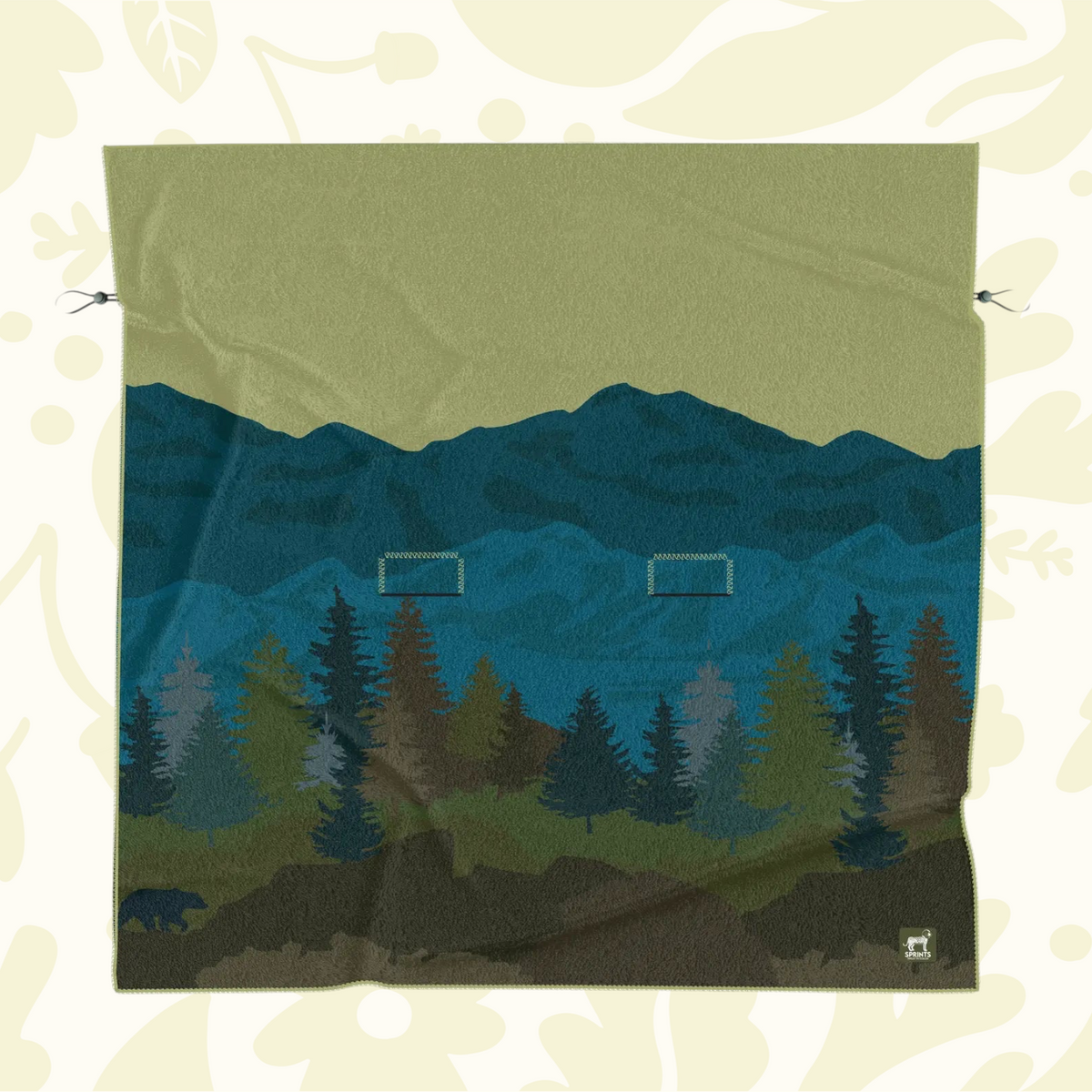 Forager Provisions LTD Sprints Grizzly Guide party size towel featuring a mountain and forest landscape with a bear.