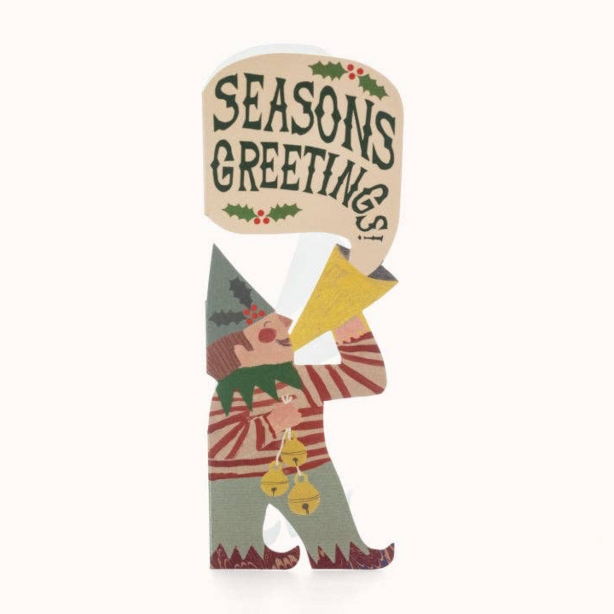 Forager Provisions LTD Hadley Christmas greeting card featuring a die-cut illustration of an elf boy with a trumpet