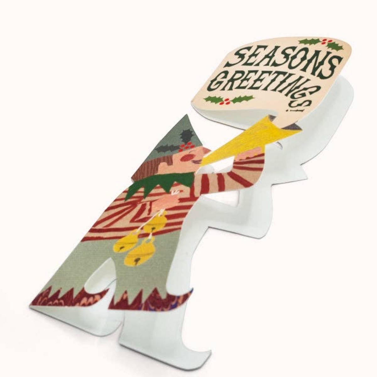 Forager Provisions LTD Hadley Christmas greeting card featuring a die-cut illustrated elf boy blowing a horn