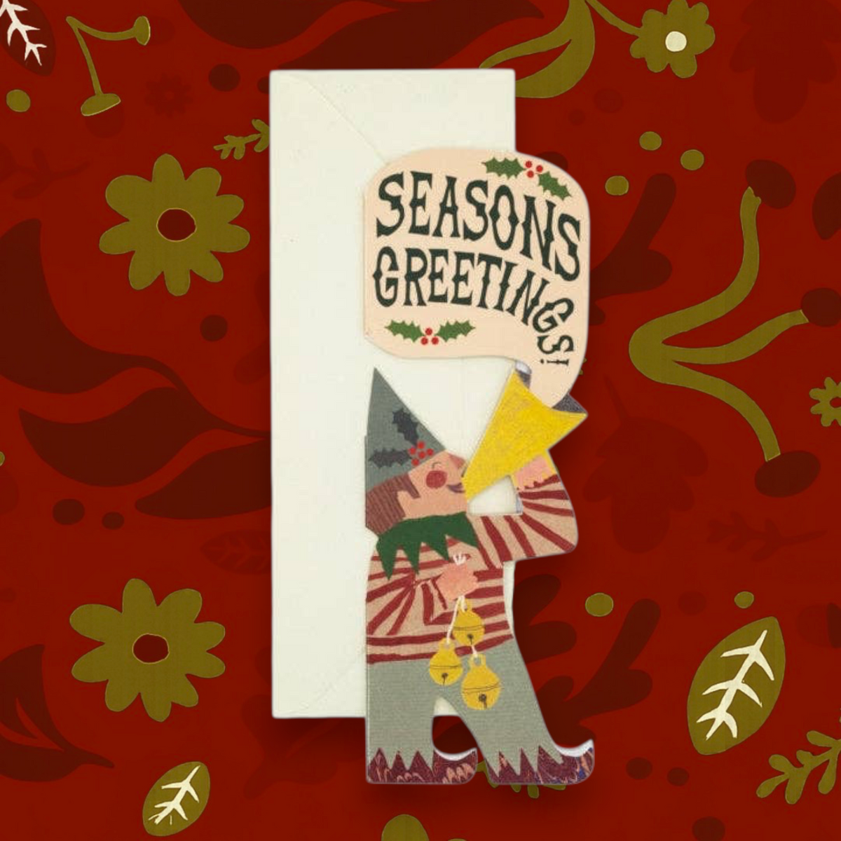 Forager Provisions LTD Hadley Christmas greeting card featuring a die-cut illustrated elf boy blowing a trumpet.
