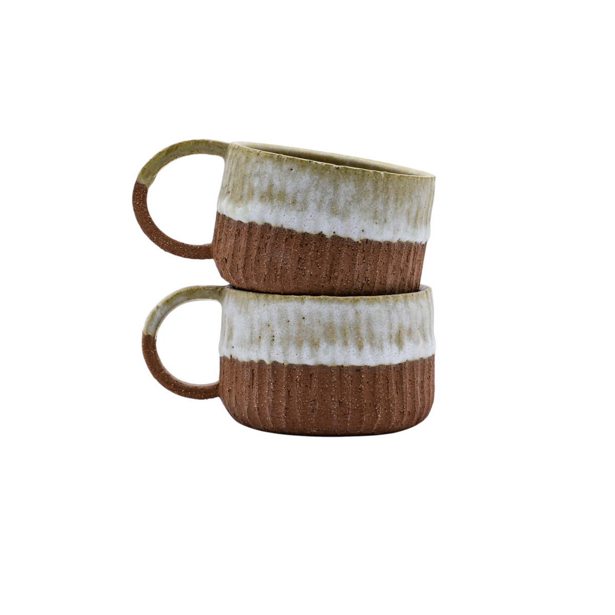 Forager Provisions LTD handmade Ribera Bianca Arte stoneware mugs stacked, featuring textured brown clay and white glaze.