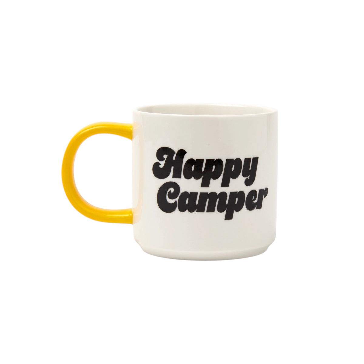 Forager Provisions LTD vegan ceramic mug featuring Happy Camper text in black with a bright yellow handle