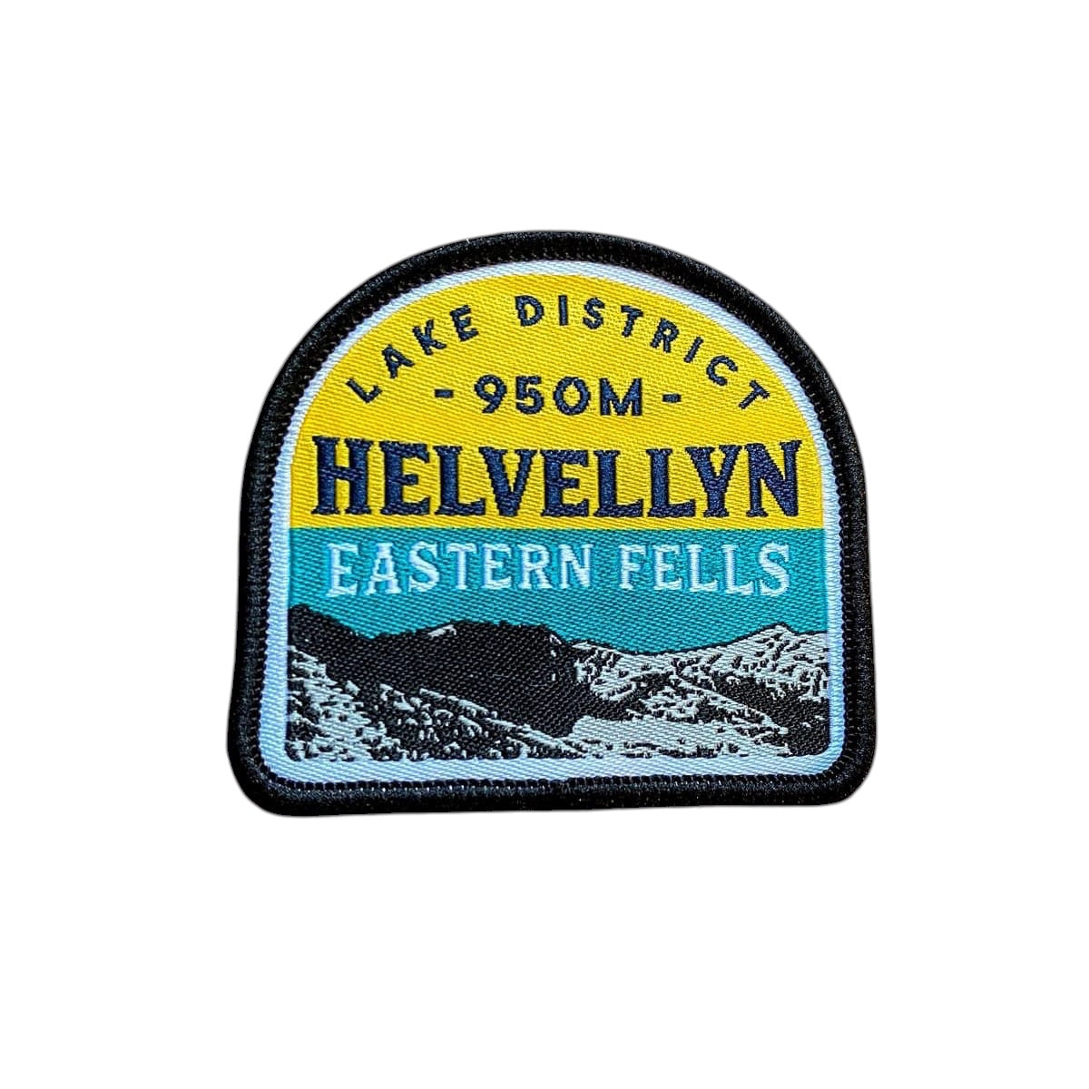 Forager Provisions LTD embroidered Helvellyn patch featuring Lake District mountain landscape on a wooden background.
