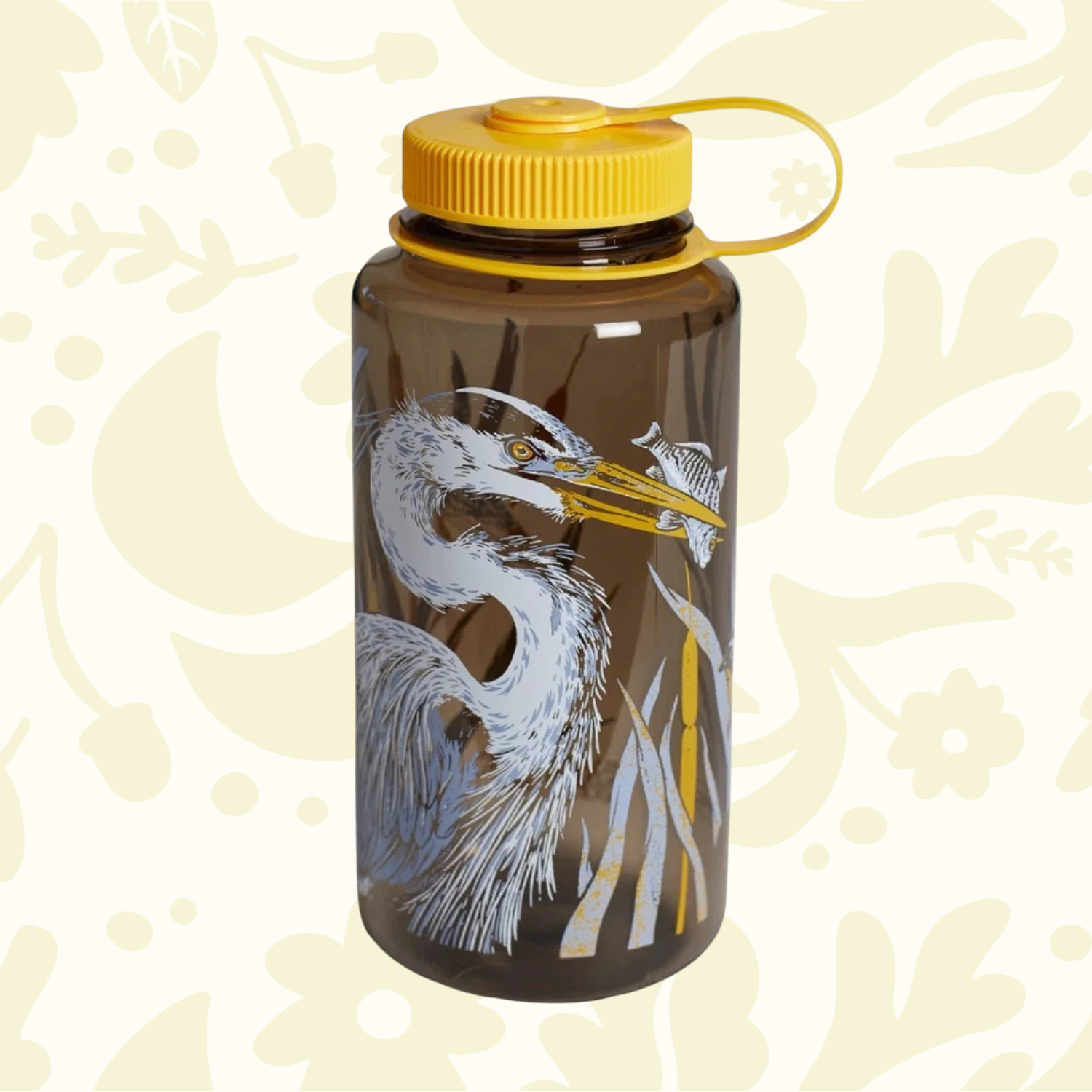 Forager Provisions LTD 32oz Nalgene water bottle in brown with a yellow lid and Pasadena Audubon heron bird graphic