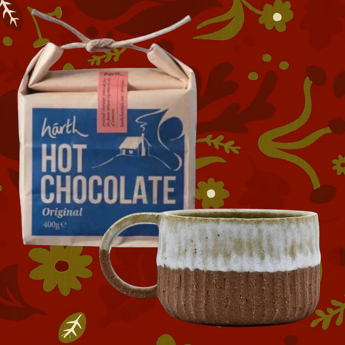 Forager Provisions LTD gift set featuring Hárth Original hot chocolate and a handmade white and brown stoneware mug.