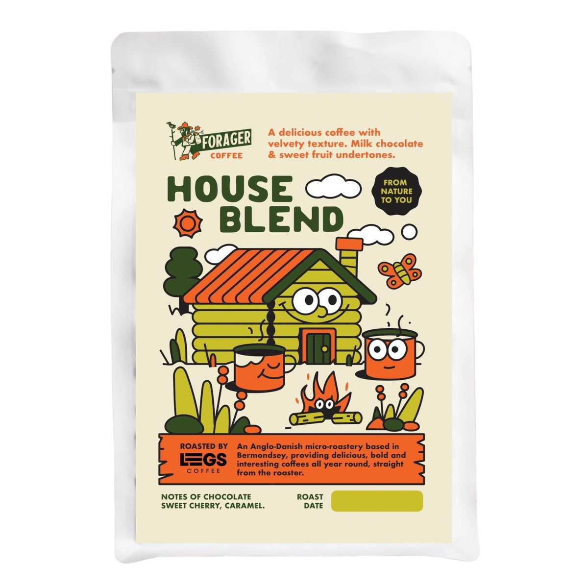 Forager Provisions House Blend 250g coffee beans bag, cartoon cabin, trees; label shows sustainability and roast details.