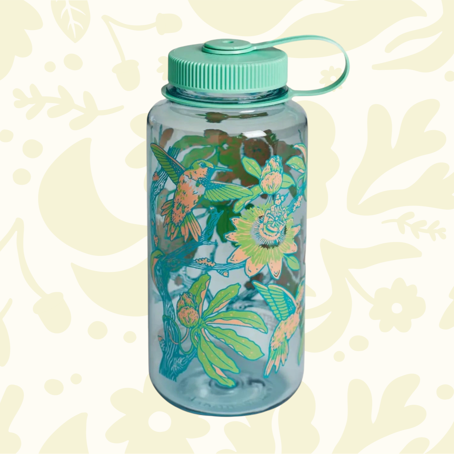 Forager Provisions LTD 32oz Nalgene water bottle in translucent grey with a vibrant hummingbird and floral print.