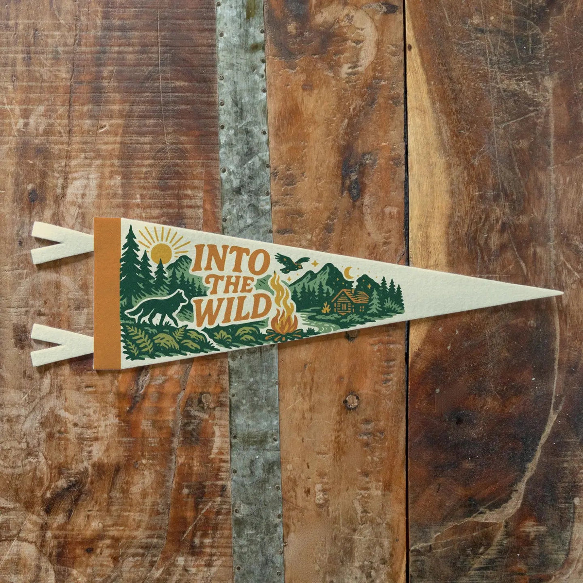 Forager Provisions LTD Benoit’s Design Co Into The Wild felt camp pennant with vintage outdoor forest graphic