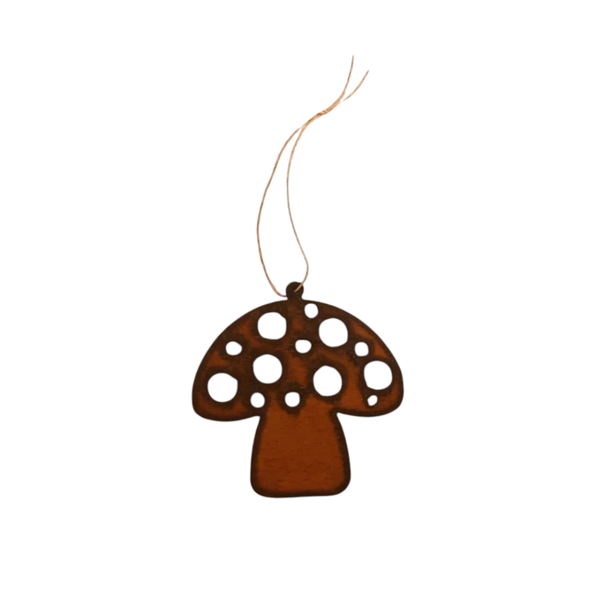 Forager Provisions LTD rustic iron redcap mushroom hanging ornament with cut-out details for indoor or outdoor decor.