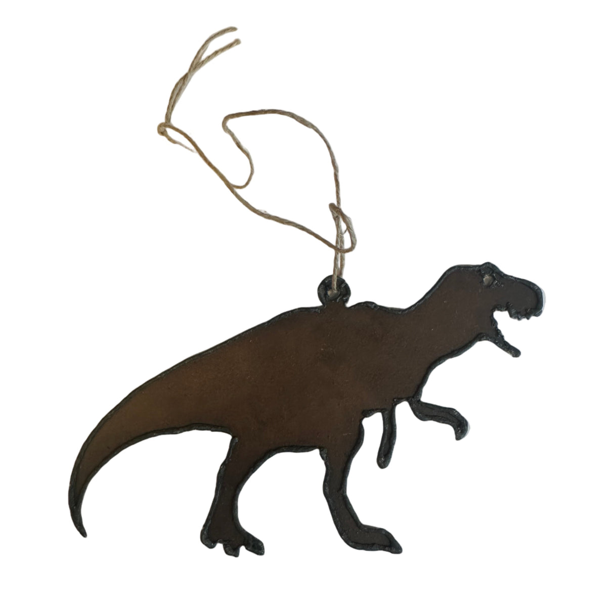 Forager Provisions LTD T-Rex hanging decoration made from 18 gauge steel with a natural rustic finish and twine hanger.
