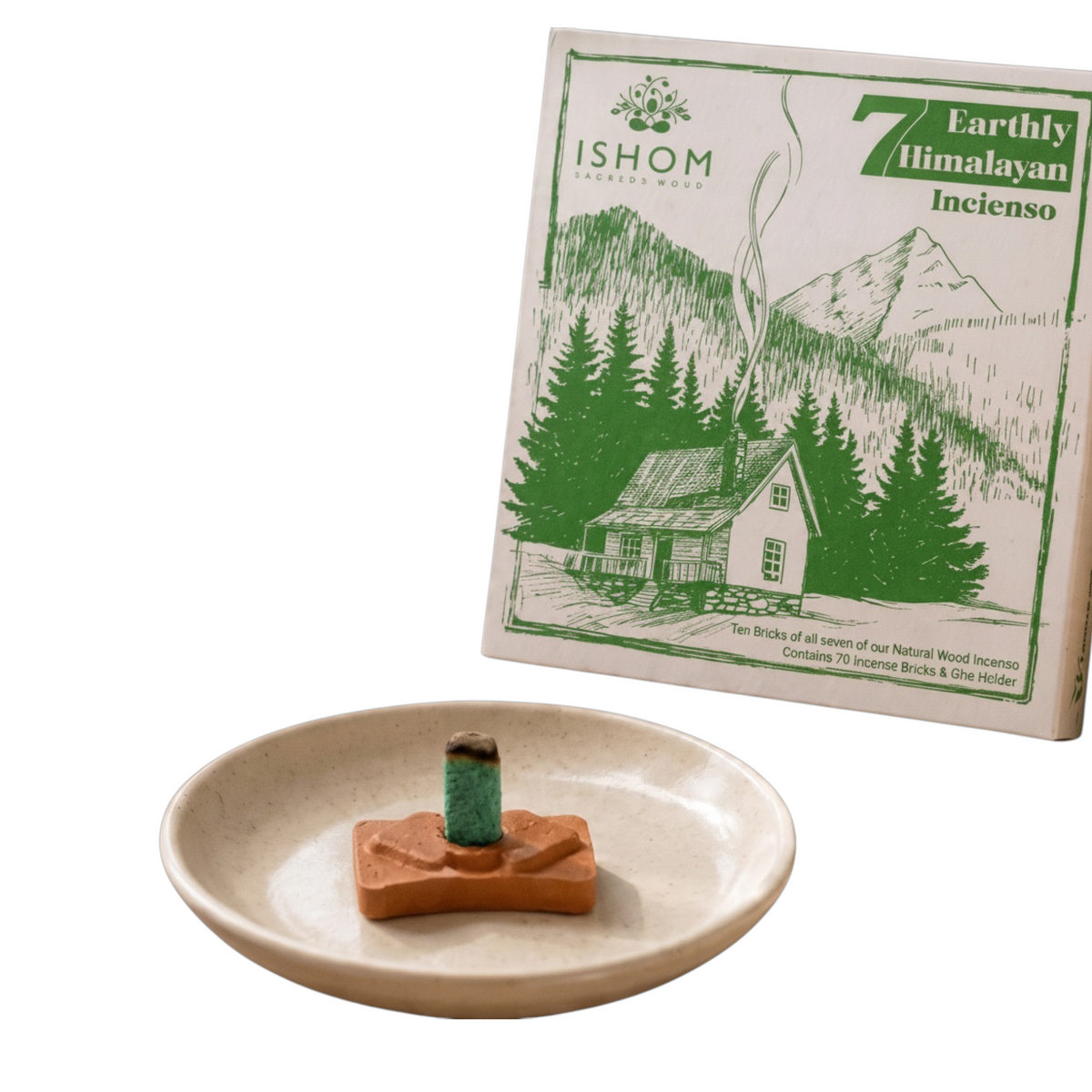 Forager Provisions LTD Ishom incense brick burning on a terracotta holder with the woodland gift box in the background