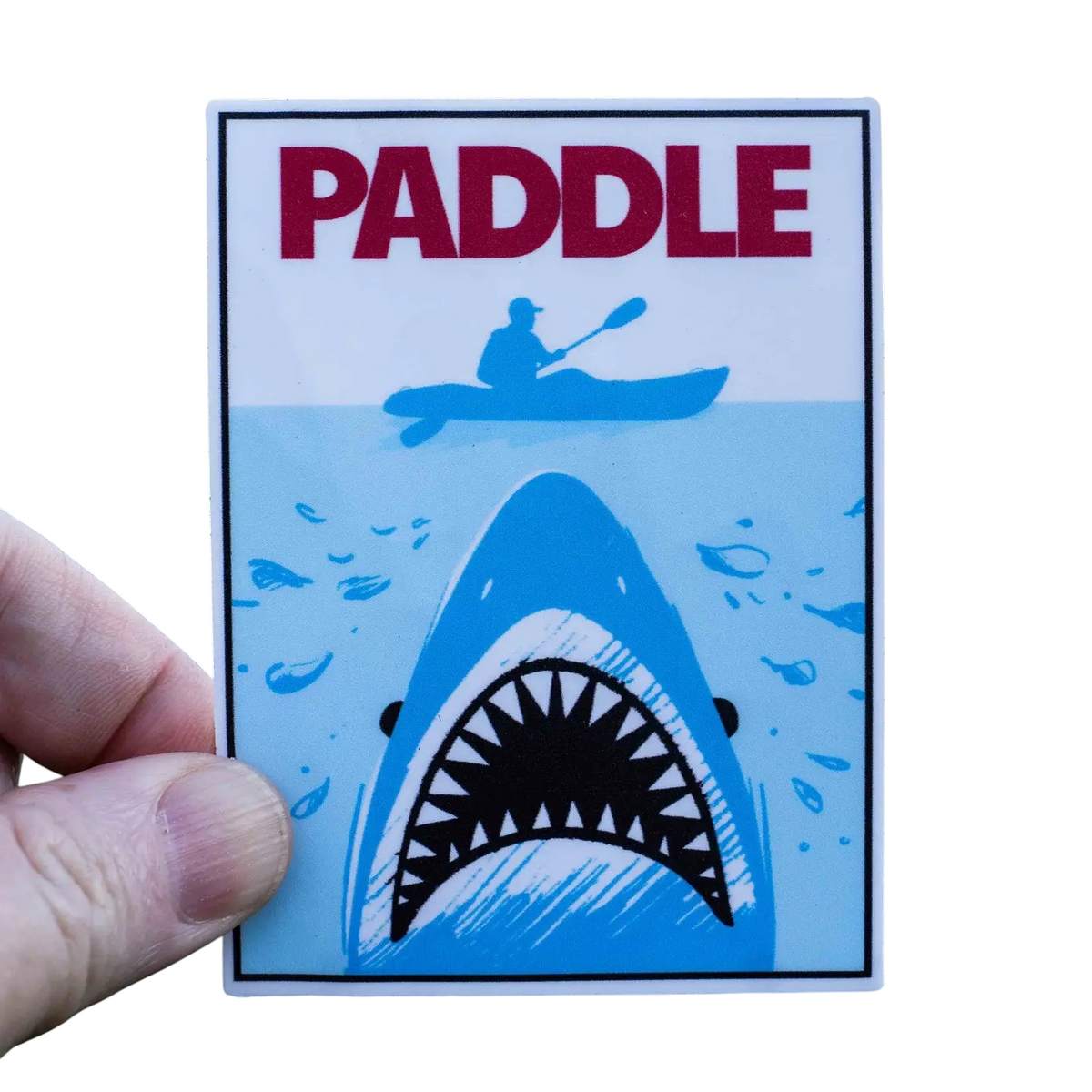 Forager Provisions LTD Hey Bear Outdoors Jaws kayaking sticker featuring a shark and kayaker on matte vinyl