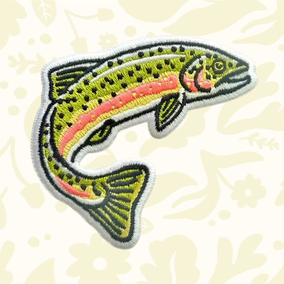 Forager Provisions LTD Union Made embroidered jumping salmon iron-on patch with green, pink, and black details.