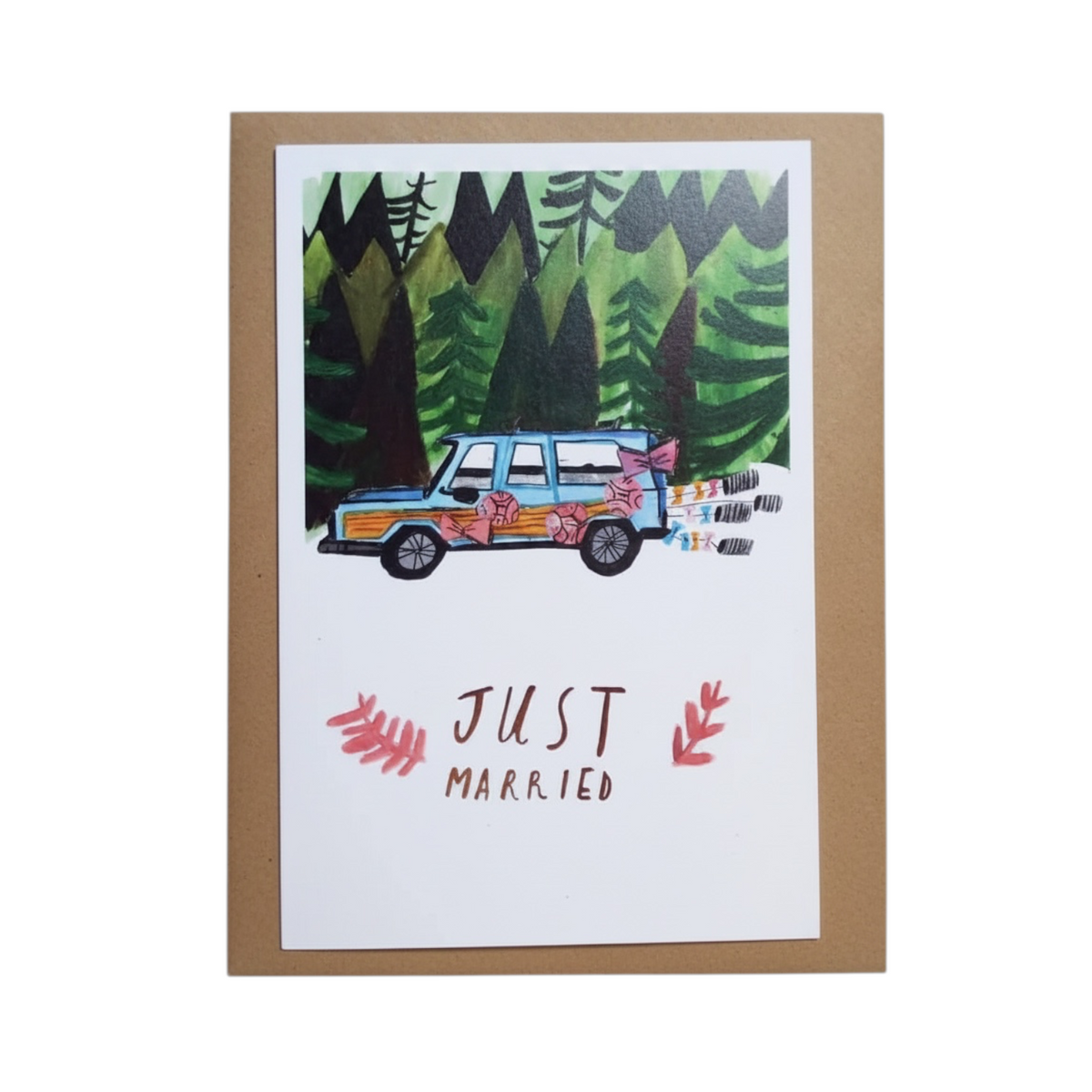Forager Provisions LTD Dick Vincent Just Married greeting card featuring a blue car in a forest with a brown envelope