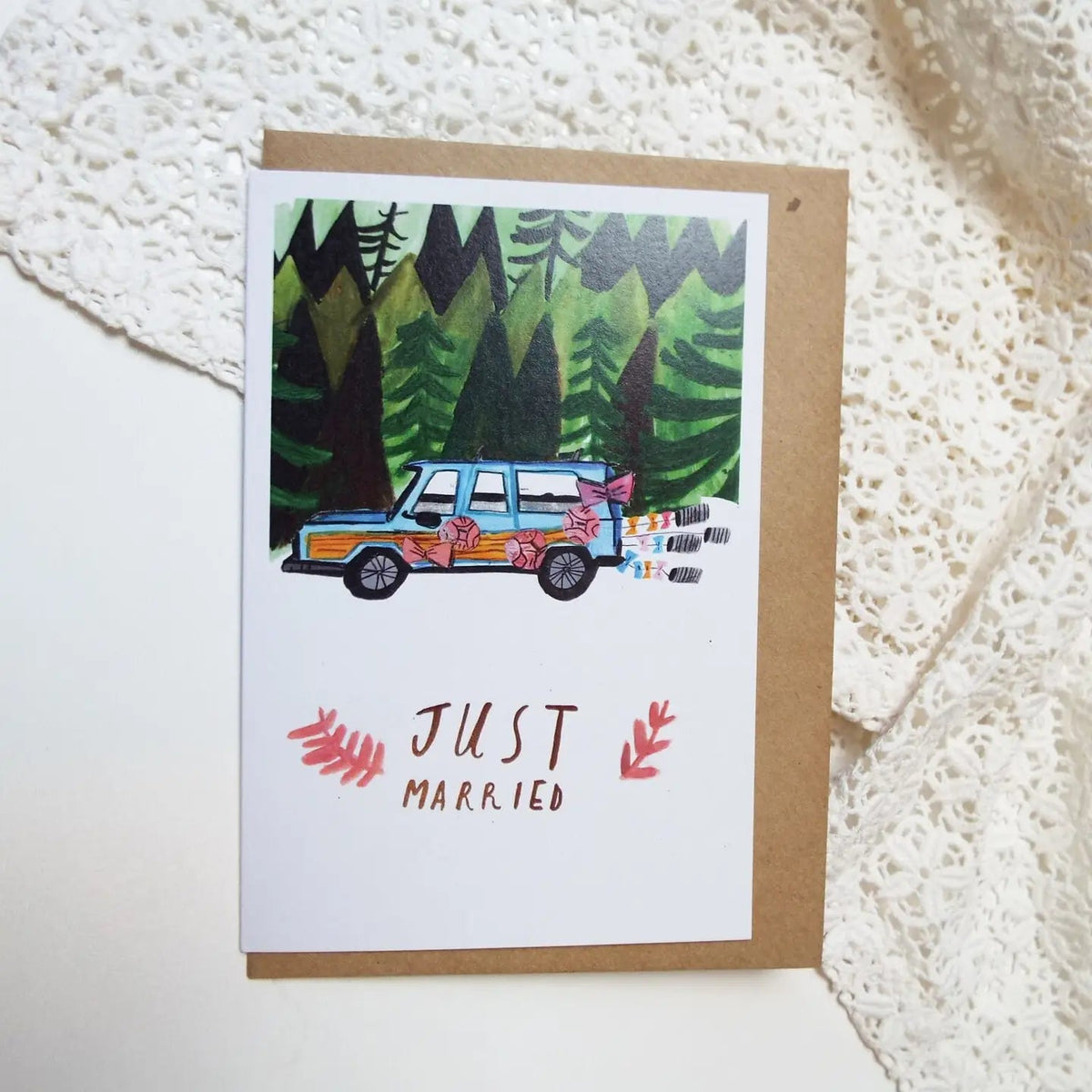 Forager Provisions LTD Dick Vincent Just Married greeting card featuring a hand-drawn blue car with flowers and cans.