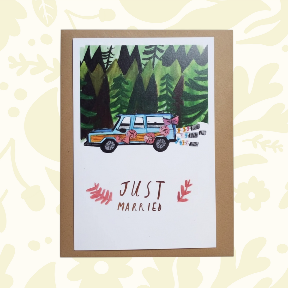 Forager Provisions LTD Dick Vincent Just Married greeting card featuring a blue car illustration with a brown envelope