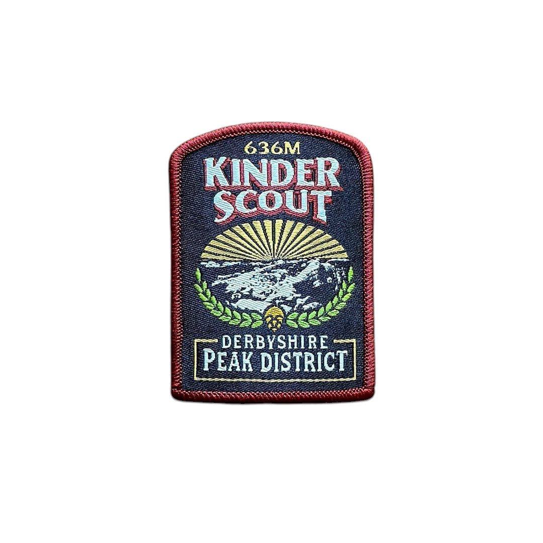 Forager Provisions LTD Kinder Scout embroidered patch featuring Peak District landscape on a rustic wooden background.