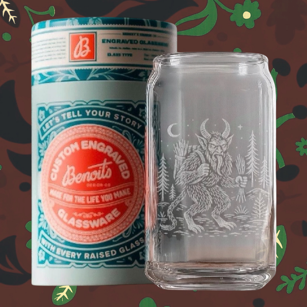Forager Provisions LTD beer can glass featuring a laser-etched Krampus illustration, shown with its branded packaging.