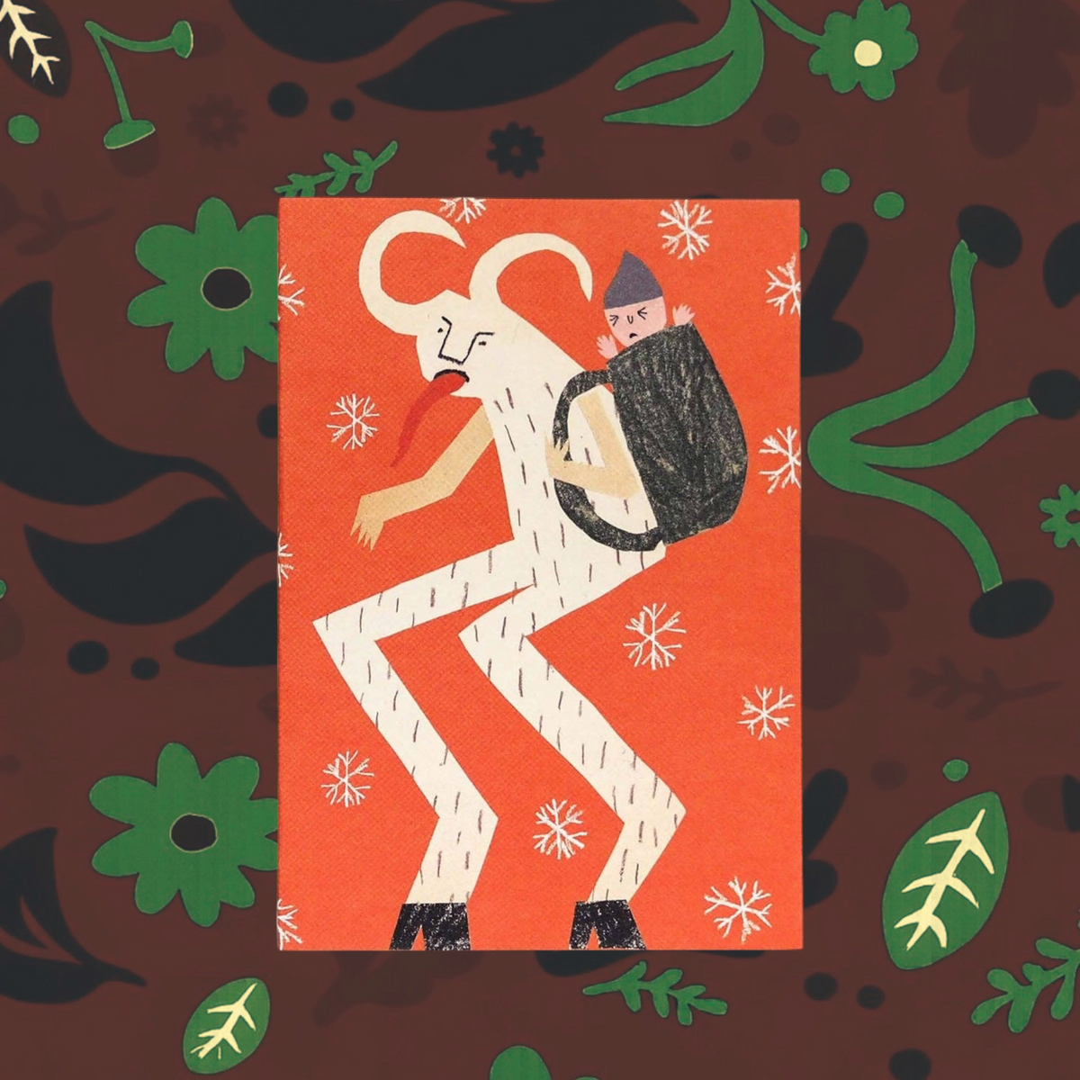 Forager Provisions LTD Krampus Christmas card featuring a white horned creature carrying a child on a red background.